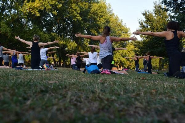 women doing pilates in park